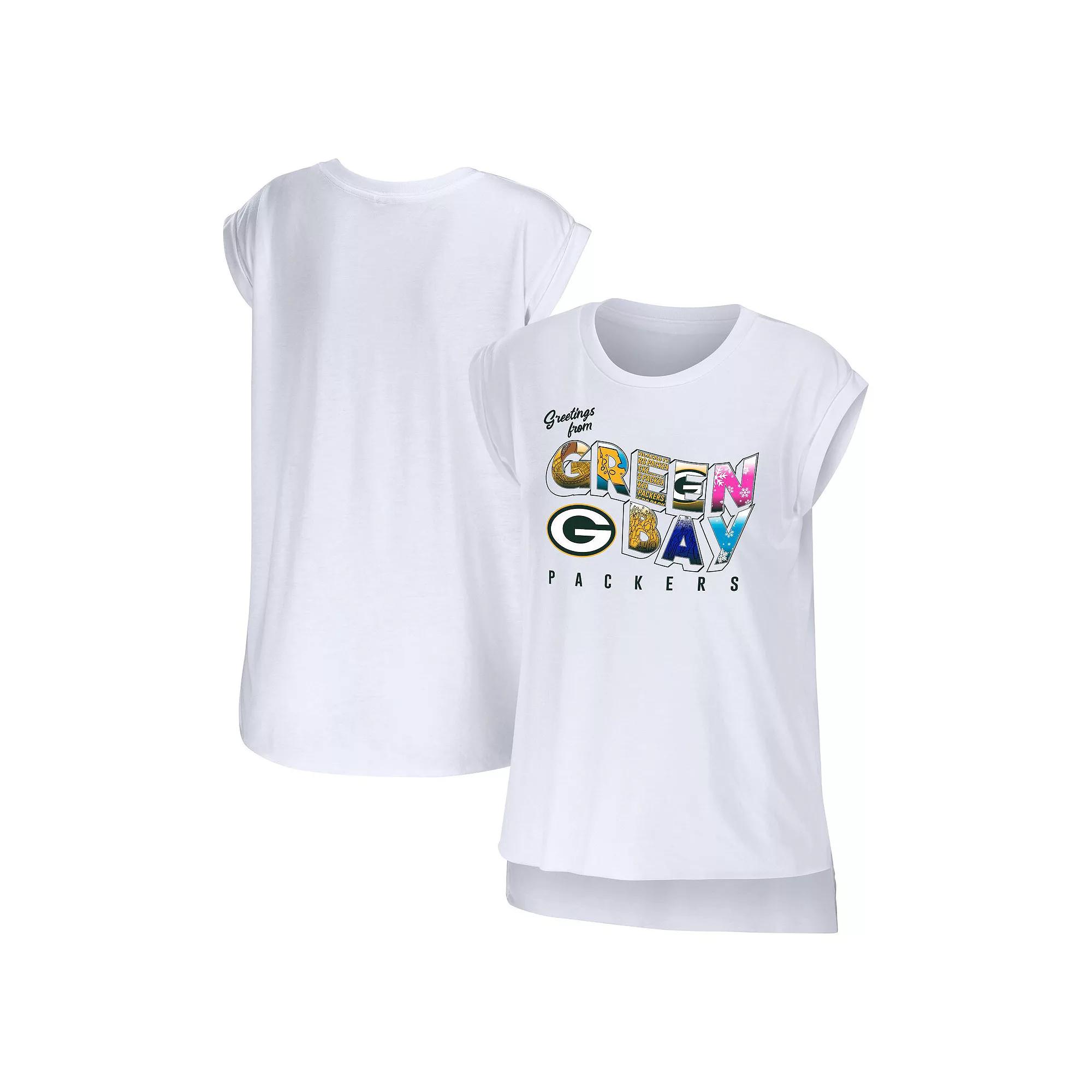 Women's WEAR by Erin Andrews White Green Bay Packers Greetings From Muscle T-Shirt,  Product Image