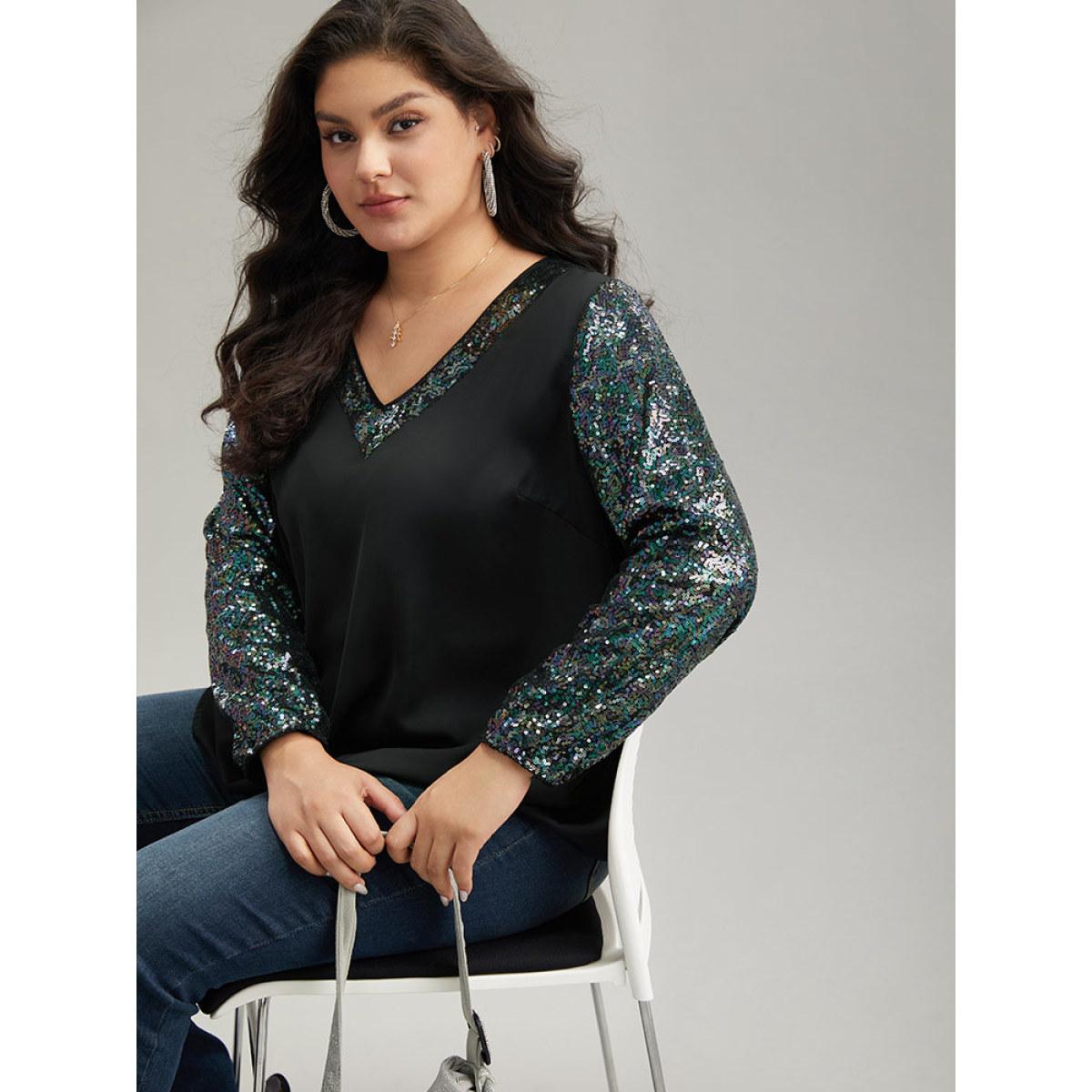 Plus Size Black Sequin Patchwork V Neck Blouse Women Glamour Long Sleeve V-neck Going out Blouses BloomChic 10/M Product Image