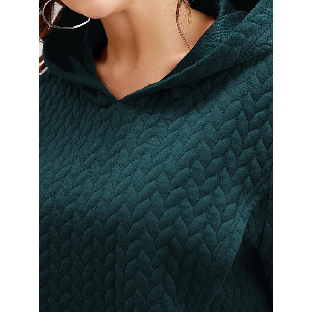Plus Size Solid Asymmetrical Hem Cable Knit Hooded Sweatshirt Women DarkGreen Lounge Asymmetrical Hooded Everyday Sweatshirts BloomChic 22-24/3X Product Image