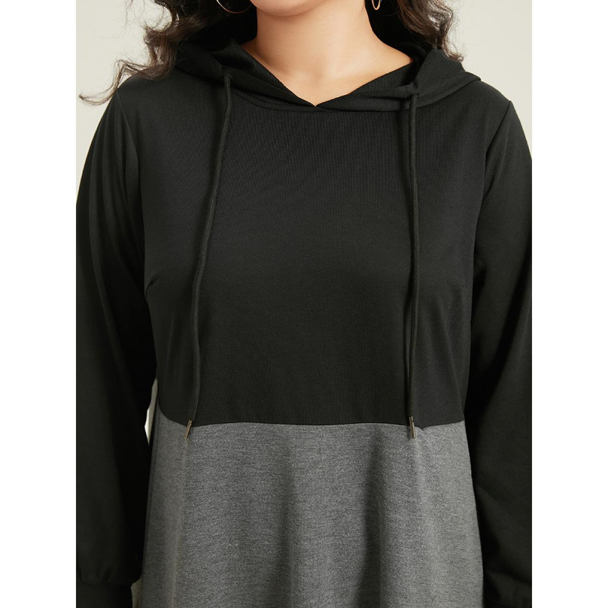 Plus Size Colorblock Contrast Hooded Drawstring Dress Black Women Casual Contrast Hooded Long Sleeve Curvy Midi Dress BloomChic 10/M Product Image