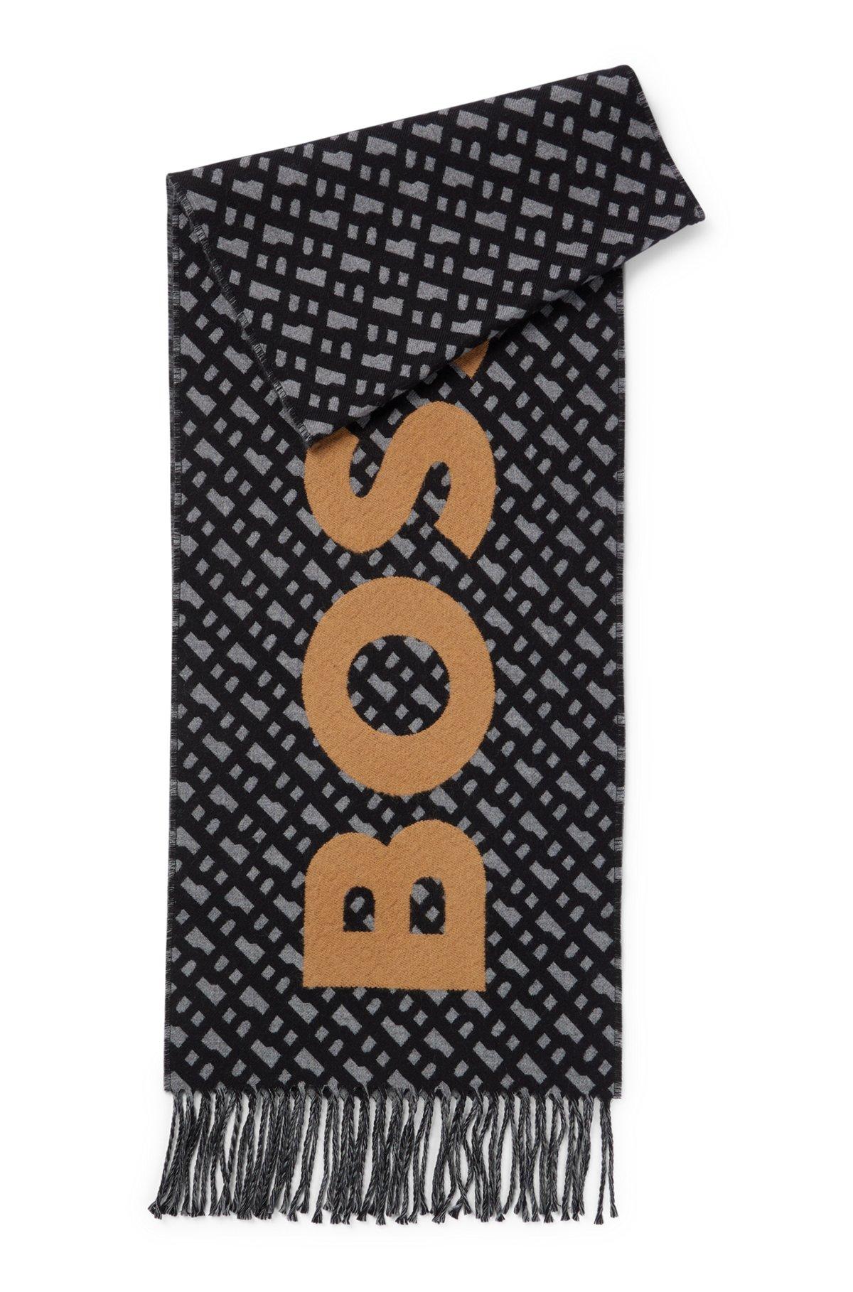 BOSS - Fringed scarf with logo and monograms - Black Product Image