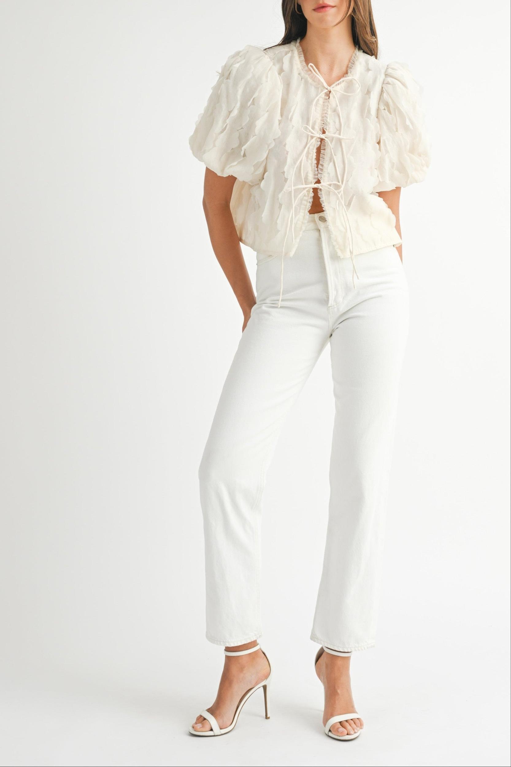Textured Scallop Puff Sleeve Blouse Top Product Image