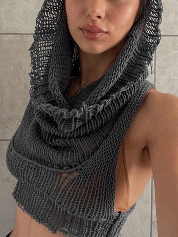 Hooded Crochet Knit Cropped Tank Top Product Image