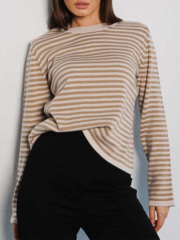 Contrast Color Striped Crew Neck Ribbed Knit Sweater Product Image