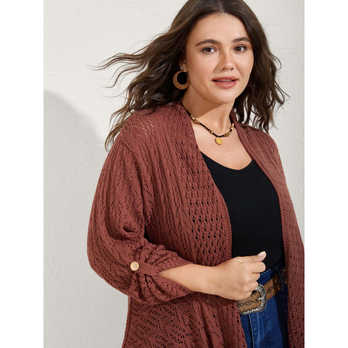 Plus Size Textured Cut-Out Asymmetrical Lightweight Cardigan Rust Women Resort Loose Long Sleeve Vacation Cardigans BloomChic 10/M Product Image