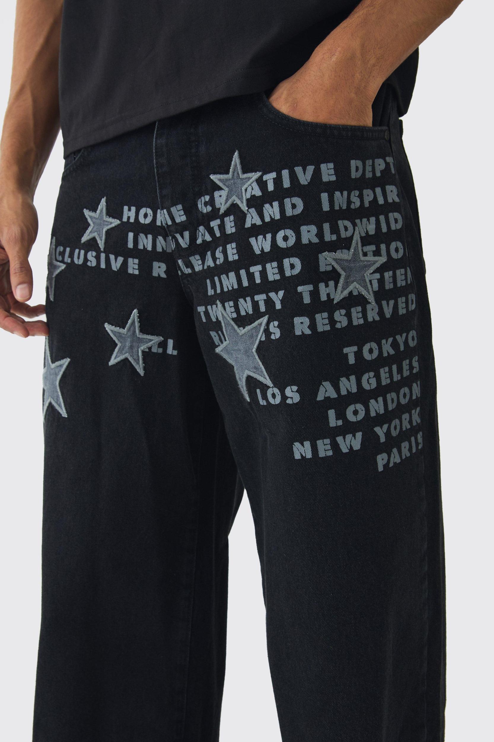 Baggy Rigid Star Applique Denim Jeans | boohooMAN USA Product Image