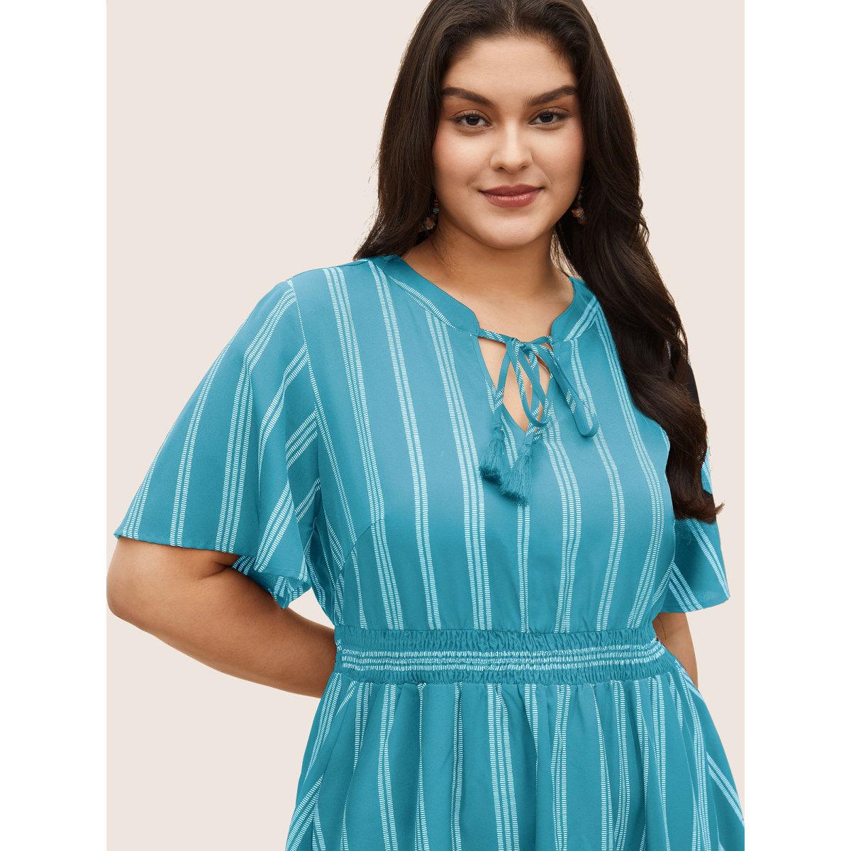 Plus Size Striped Patchwork Tassels Ties Shirred Dress LightBlue Women Boho Non V-neck Short sleeve Curvy Midi Dress BloomChic 26/4X Product Image