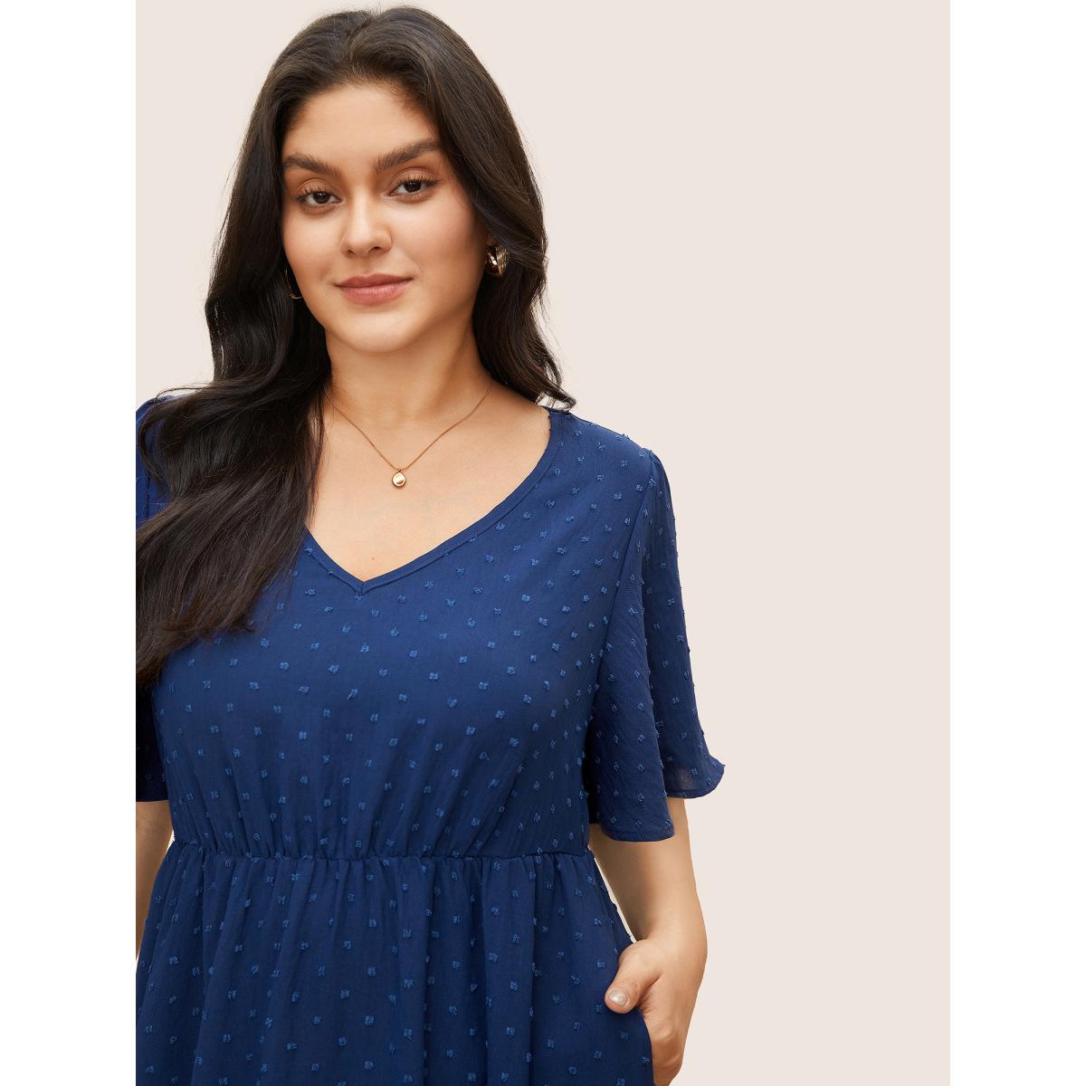 Polka Dot Shirred Plus Size Women Elegance Dress Plain Pocket Ruffle Sleeve Short Sleeve V Neck Pocket Dailywear Midi Dress BloomChic Product Image