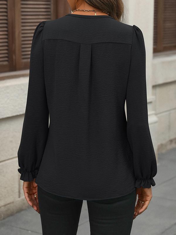Long Sleeves Loose Pleated Solid Color Split-Joint Round-Neck Blouses&Shirts Tops Product Image