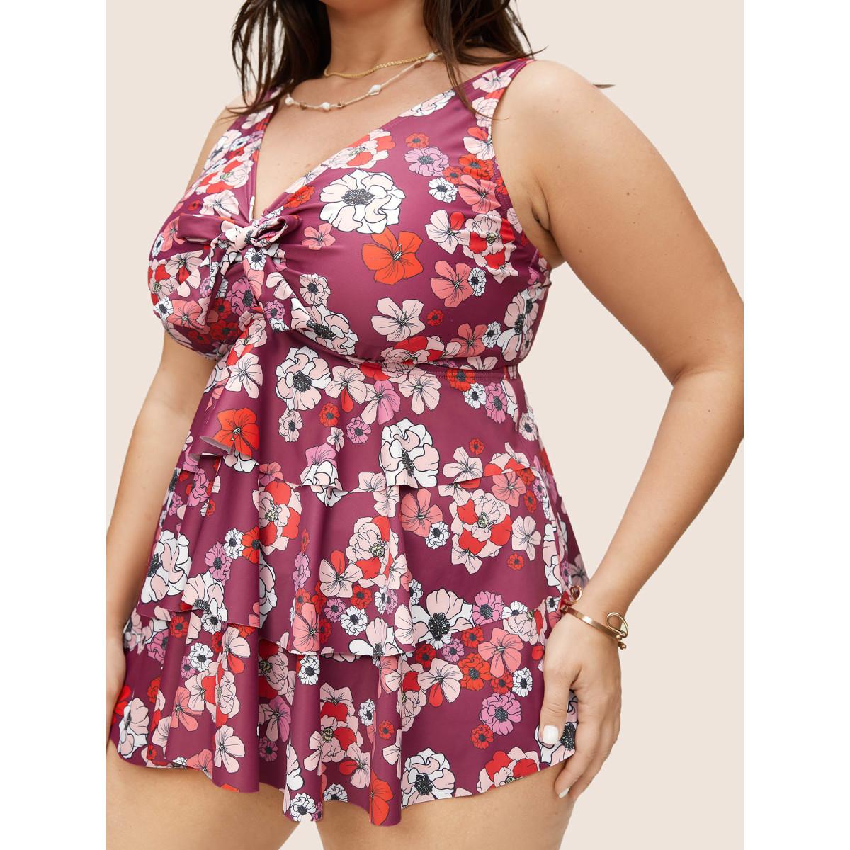 Plus Size Ditsy Floral Bowknot Flutter Layered Hem Swim Top Women's Swimwear RedViolet Beach Non High stretch Bodycon V-neck Curve Swim Tops BloomChic 14-16/1X Product Image