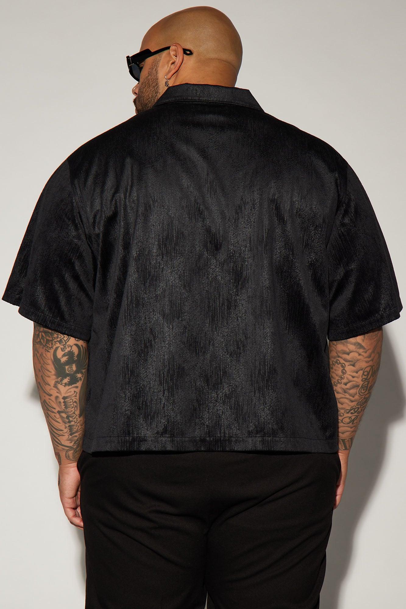 Patna Textured Faux Leather Cropped Button Up Shirt - Black Product Image