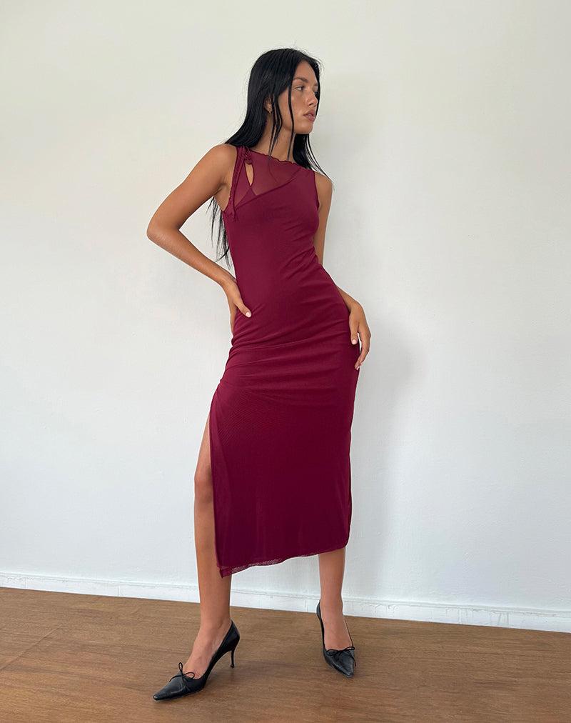 Marlo Asymmetric Midi Dress in Burgundy Female Product Image