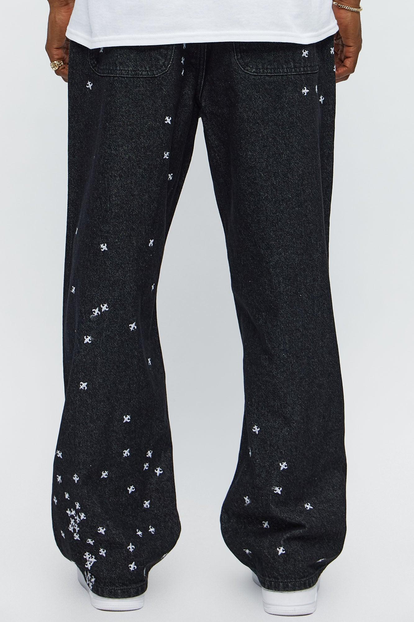 Baggy Embroidered Crosses Jeans - Black Male Product Image