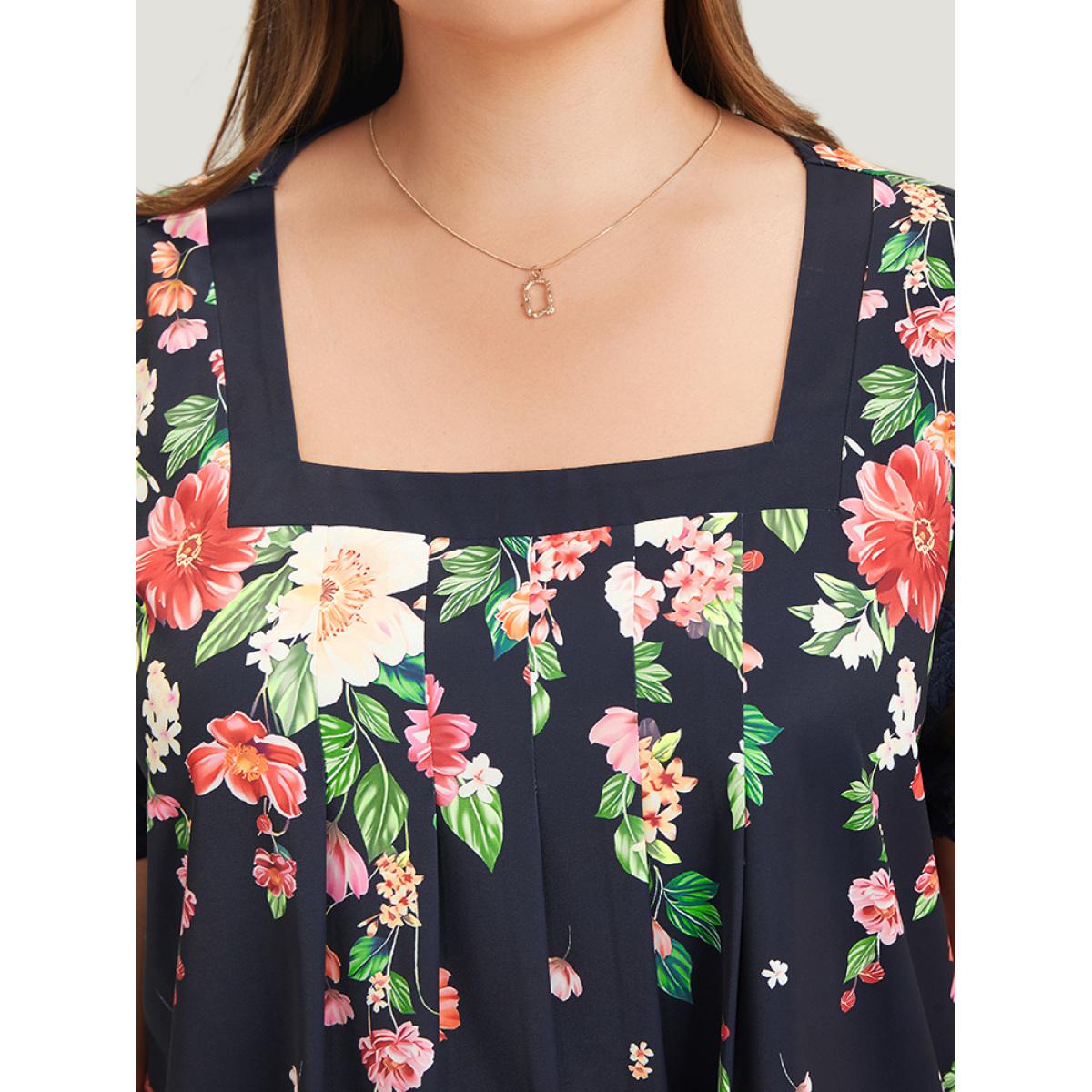 Plus Size Indigo Floral Pleated Mesh Lace Sleeve Square Neck Blouse Women Vacation Short sleeve Square Neck Dailywear Blouses BloomChic 26/4X Product Image