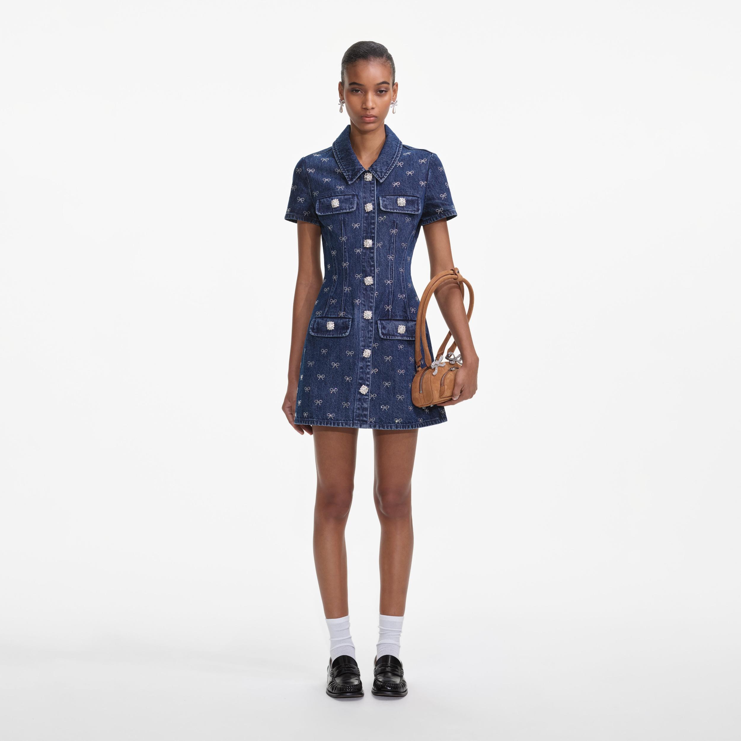 Denim Diamante Bow Collared Mini Dress Product Image