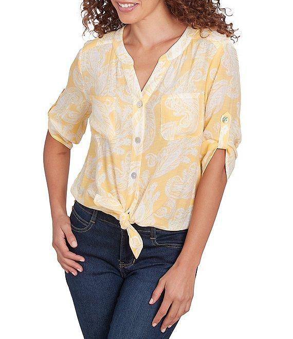 Ruby Rd. Paisley Woven Split V-Neck Elbow Length Roll-Tab Sleeve Button-Front Top Product Image