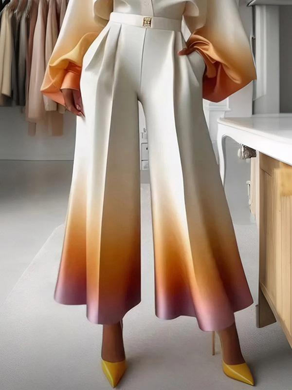 High Waisted Loose Gradient Pleated Split-Joint Pants Trousers Product Image