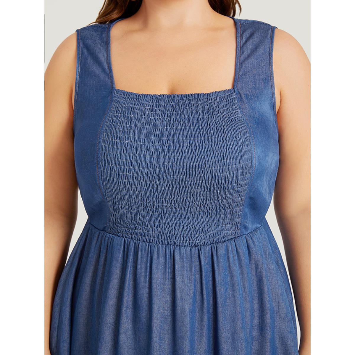 Plus Size Plain Shirred Square Neck Pocket Knee Dress Stone Women Casual Plain Spaghetti Strap Sleeveless Curvy Midi Dress BloomChic 14-16/1X Product Image