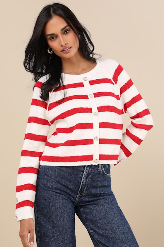 Cultivated Essential Ivory and Red Striped Cardigan Product Image