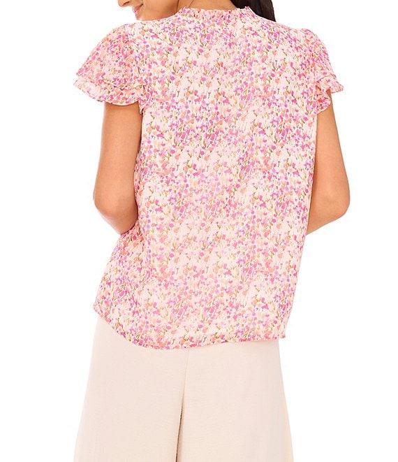CeCe Woven Floral Print Split Round Neck Flutter Sleeve Ruffle Blouse Product Image