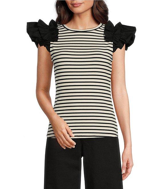 Gibson & Latimer Striped Ribbed Knit Crew Neck Contrasting Poplin Ruffled Short Sleeve Top Product Image