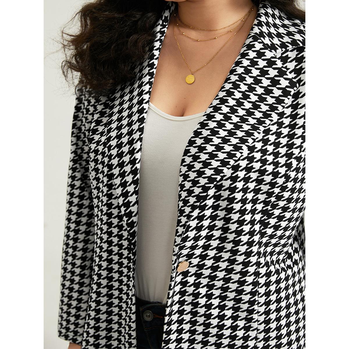 Plus Size Houndstooth Button Up Suit Collar Blazer Black Women Dailywear Houndstooth Contrast Sleeve Long Sleeve Suit Collar 28/5X Casual Blazers BloomChic Product Image
