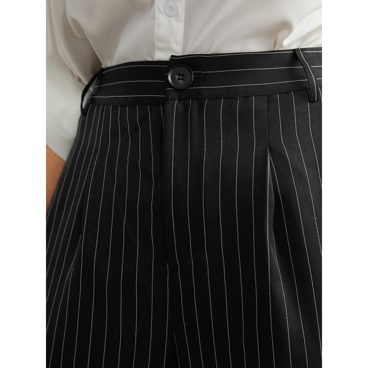 Plus Size Striped Button Up Wide Leg Pants Women Black Workwear Essentials Wide Leg High Rise Office Pants BloomChic 30/6X Product Image