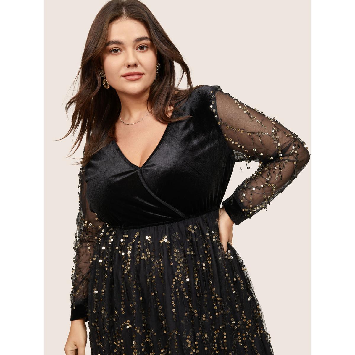 Plus Size Velvet Sequin Tassels Mesh Surplice Neck Dress Black Women Cocktail Sequin Overlap Collar Long Sleeve Curvy Midi Dress BloomChic 14-16/1X Product Image