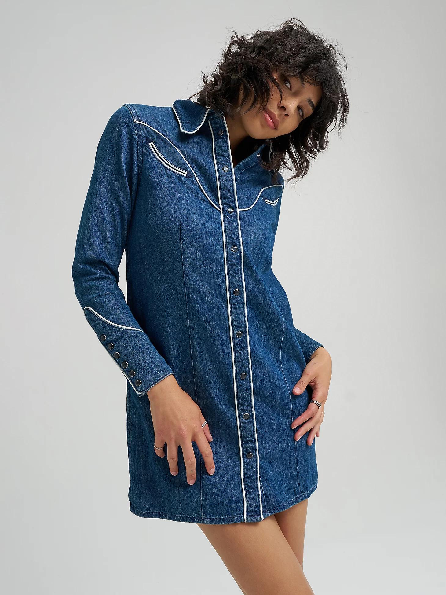 Women's Western Piped Shirt Dress in Blue Reverie Product Image