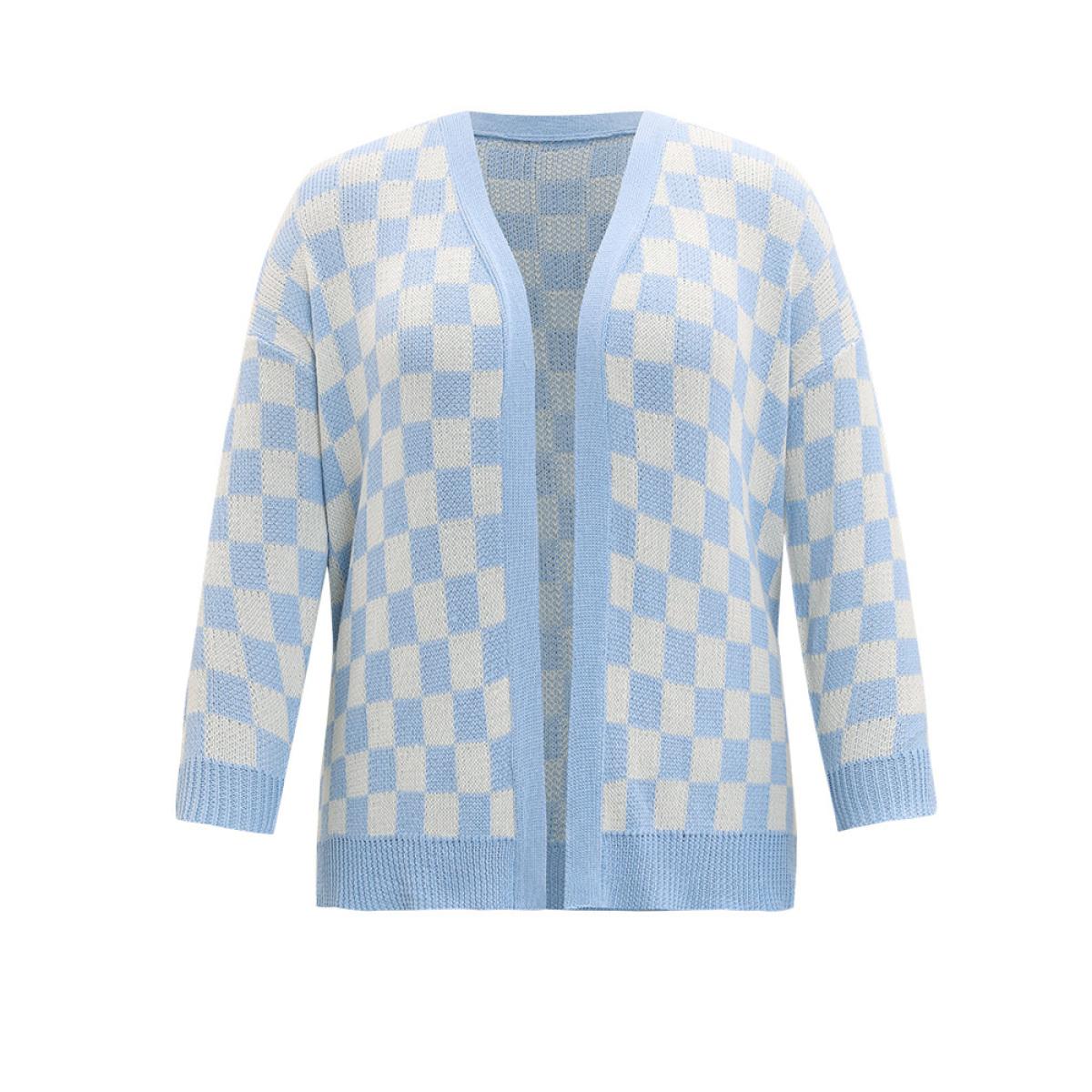 Plus Size Plaid Print Open Front Elastic Cuffs Cardigan LightBlue Women Casual Loose Long Sleeve Dailywear Cardigans BloomChic 22-24/3X Product Image