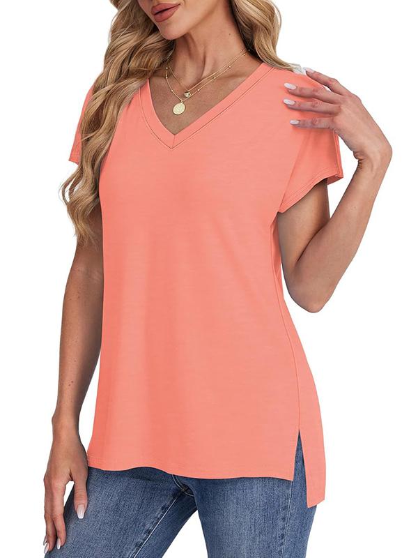 High-Low Raglan Sleeve Solid Color Split-Joint Split-Side V-Neck T-Shirts Product Image