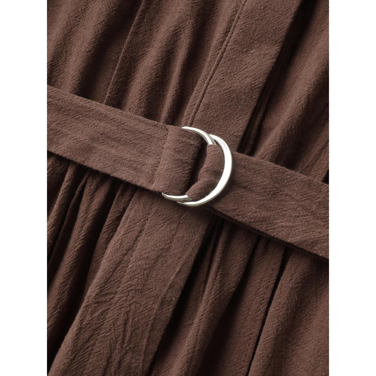 Plus Size Pure Cotton Adjustable Belt Placket Midi Dress Browncoffeecolor Women Office Tucked seam Round Neck Sleeveless Curvy BloomChic 12/L Product Image