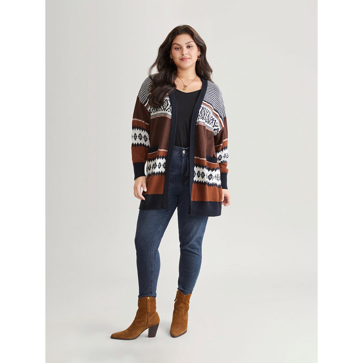 Plus Size Bandana Print Open Front Patched Pocket Cardigan Rust Women Casual Loose Long Sleeve Dailywear Cardigans BloomChic 12/L Product Image