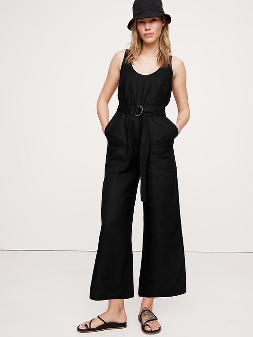 Linen Belted Wide-Leg Jumpsuit Product Image