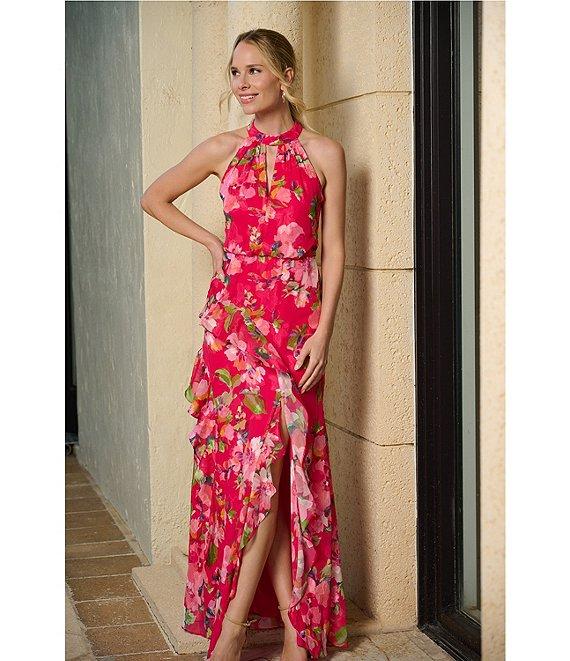 Adrianna Papell Petite Size Halter Neck Floral Print Ruffled Dress Product Image