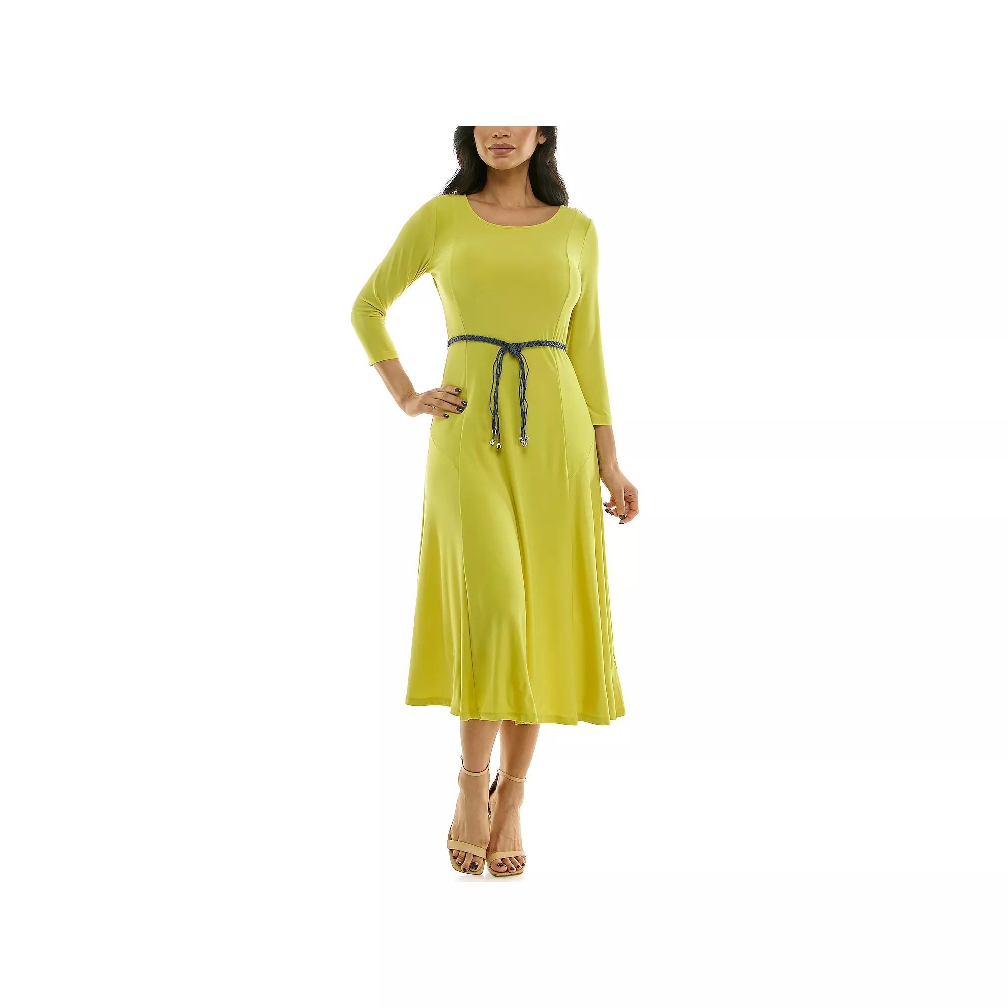 Women's Nina Leonard Sylvia Three-Quarter Sleeve Belted Midi Dress,  Product Image