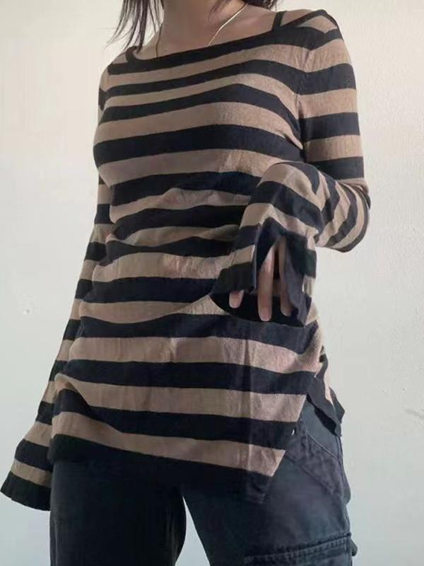 Stripe Print Slit Long Sleeve Tee Product Image