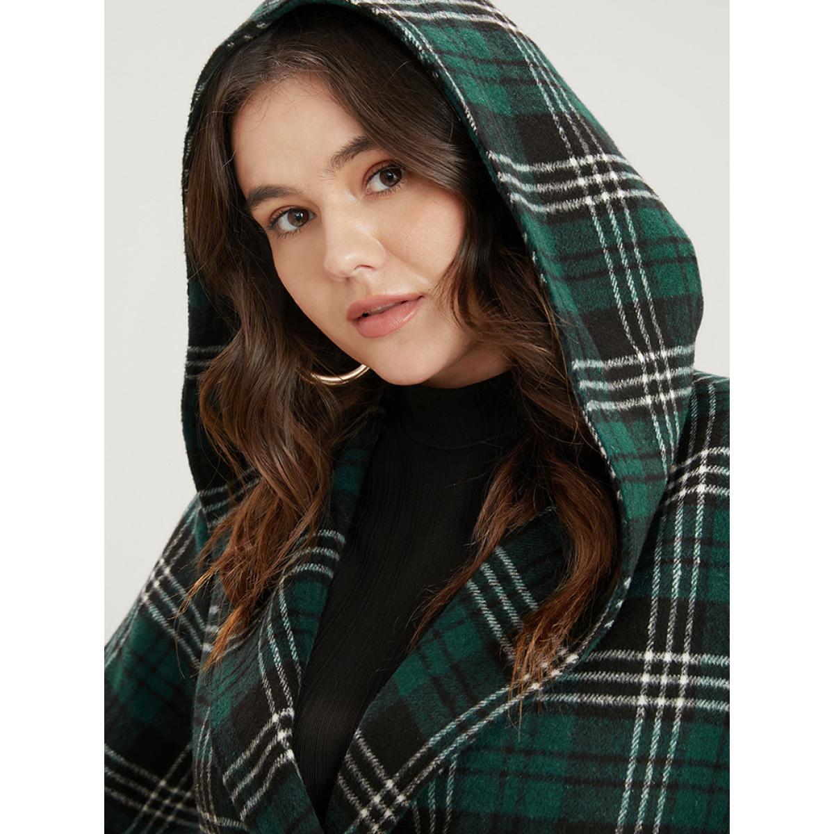Plus Size Plaid Double Breasted Pocket Hooded Coat Women DarkGreen Casual Pocket Ladies Dailywear Winter Coats BloomChic 12/L Product Image