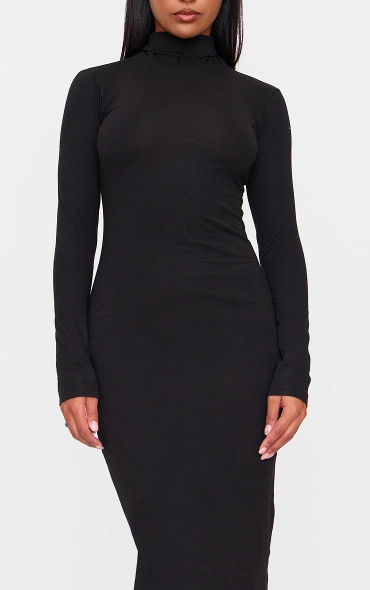 Black Cotton Long Sleeve High Neck Midaxi Dress Product Image