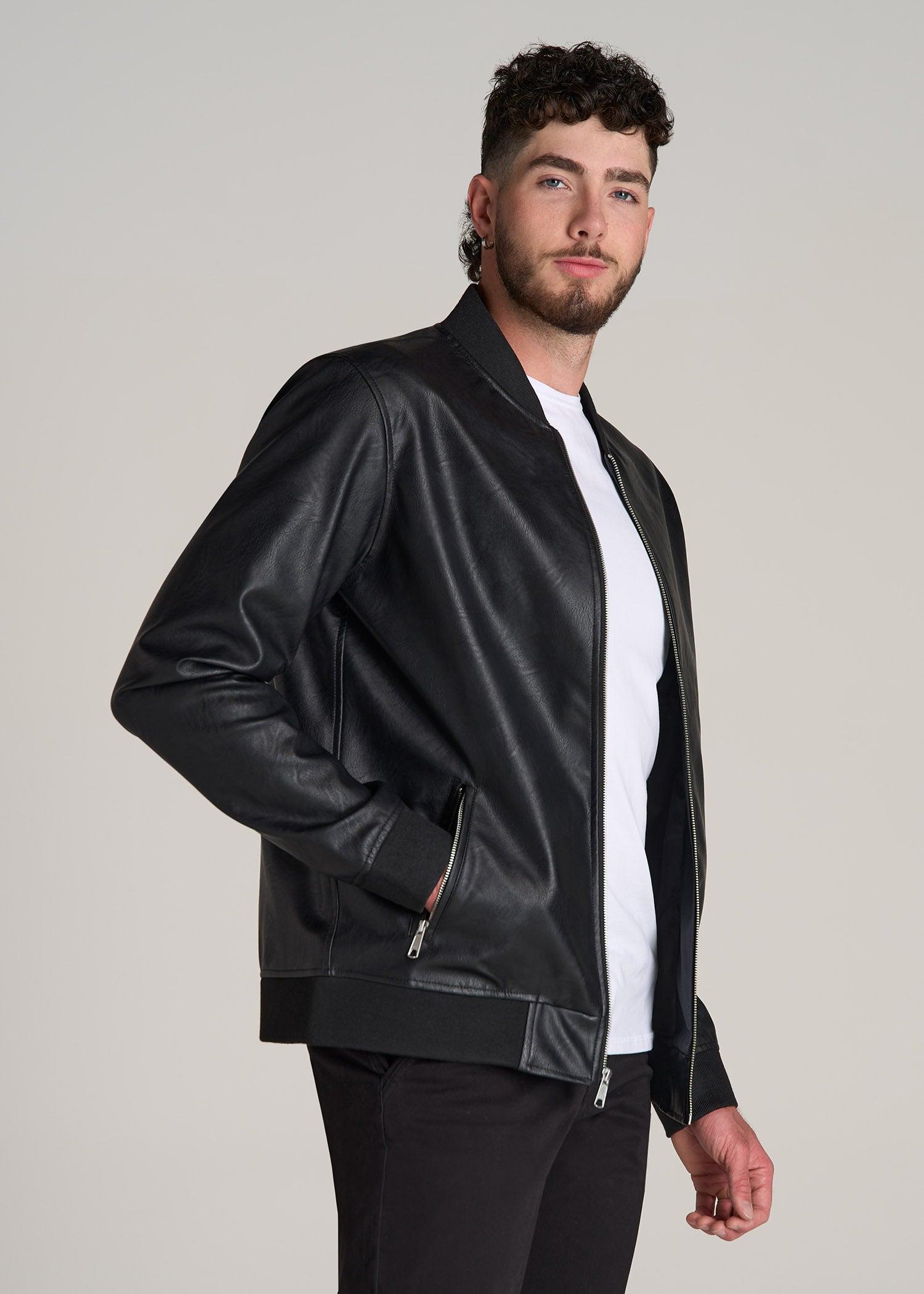 True Touch Leather Bomber Jacket for Tall Men in Black Male Product Image