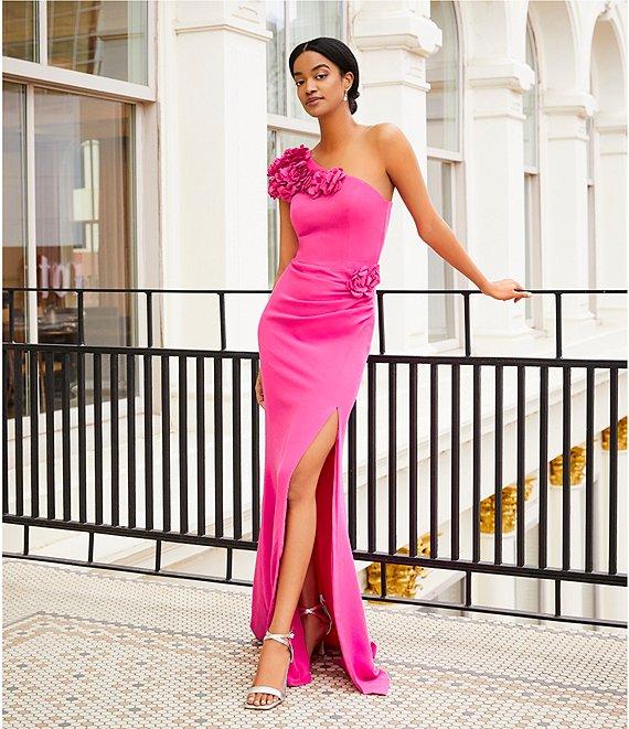 Dress the Population Aubrielle 3D Floral Asymmetrical Neck One Shoulder Short Sleeve Side Slit Gown Product Image