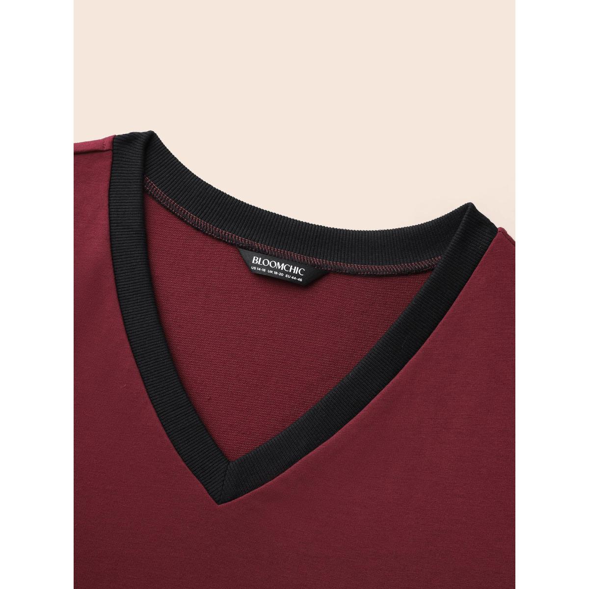 Plus Size V Neck Contrast Patchwork Sweatshirt Women Deepred Casual Contrast V-neck Everyday Sweatshirts BloomChic 18-20/2X Product Image