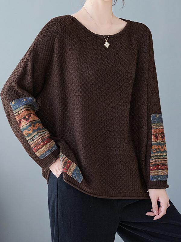 Long Sleeves Loose Printed Split-Joint Round-Neck Pullovers Sweater Tops Product Image
