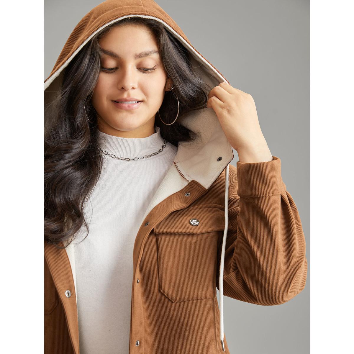 Plus Size Corduroy Fluffy Patchwork Hooded Jacket Women Bronze Contrast Pocket Dailywear Jackets BloomChic 28/5X Product Image