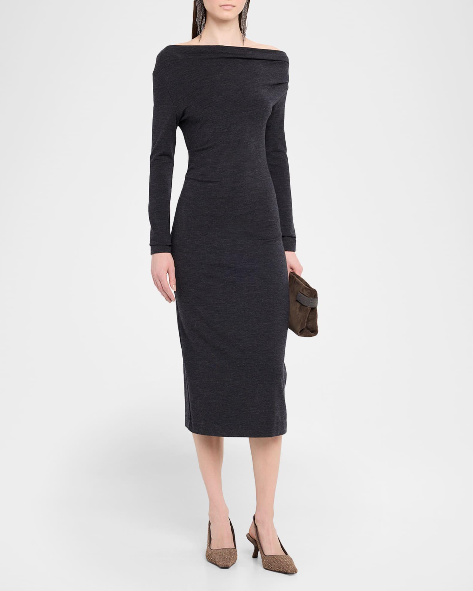 Draped Off-The-Shoulder Wool Jersey Midi Dress Product Image