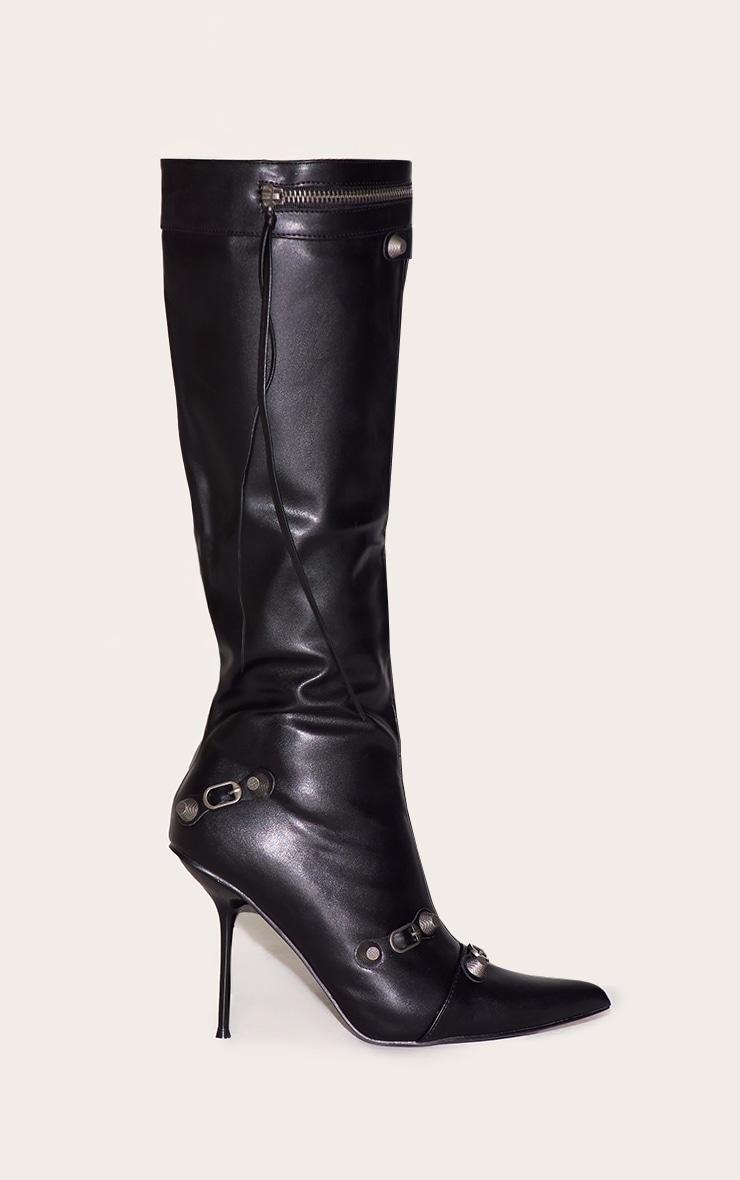 Black PU Zip Detail Point Toe High Heeled Knee Boots Product Image