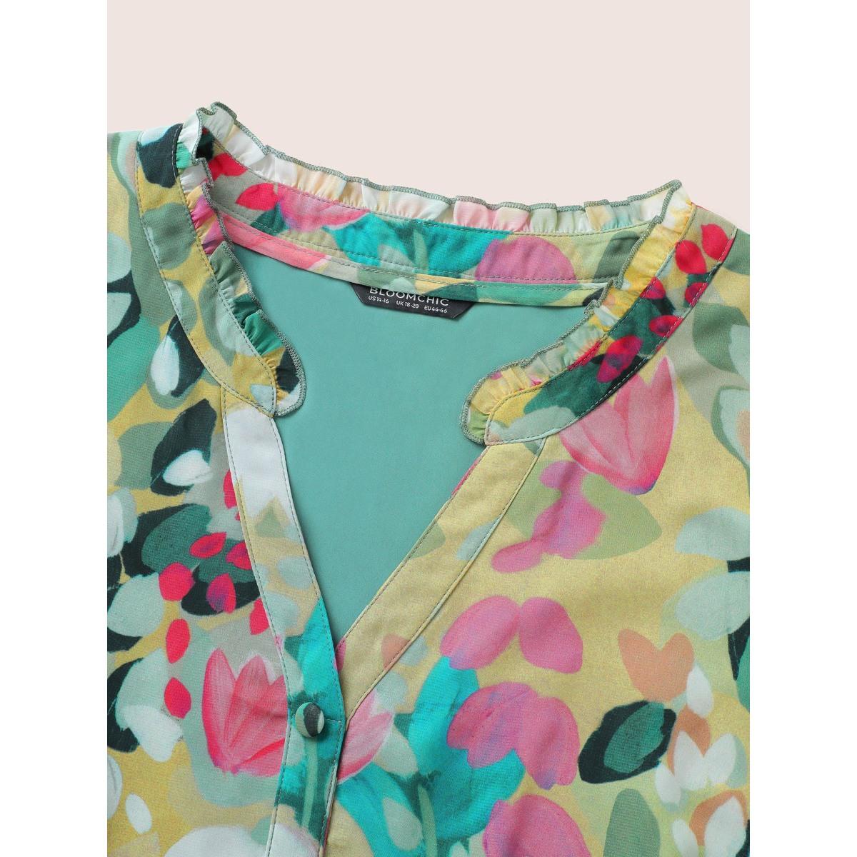 Plus Size Green Floral Print Frill Trim Button Detail Blouse Women Resort Short sleeve V-neck Vacation Blouses BloomChic 18-20/2X Product Image
