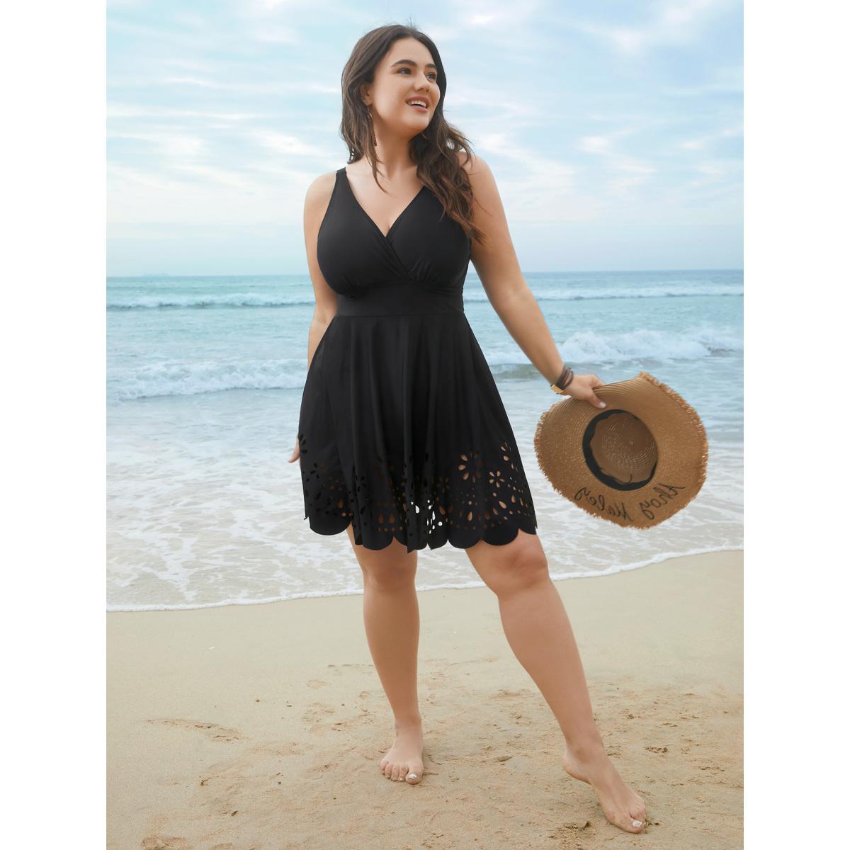 Plus Size Laser Cut Surplice Neck Waist-Cinched Swim Dress Women's Swimwear Black Resort Bodycon Overlap Collar High stretch Curve Swim Dresses BloomChic 26/4X Product Image