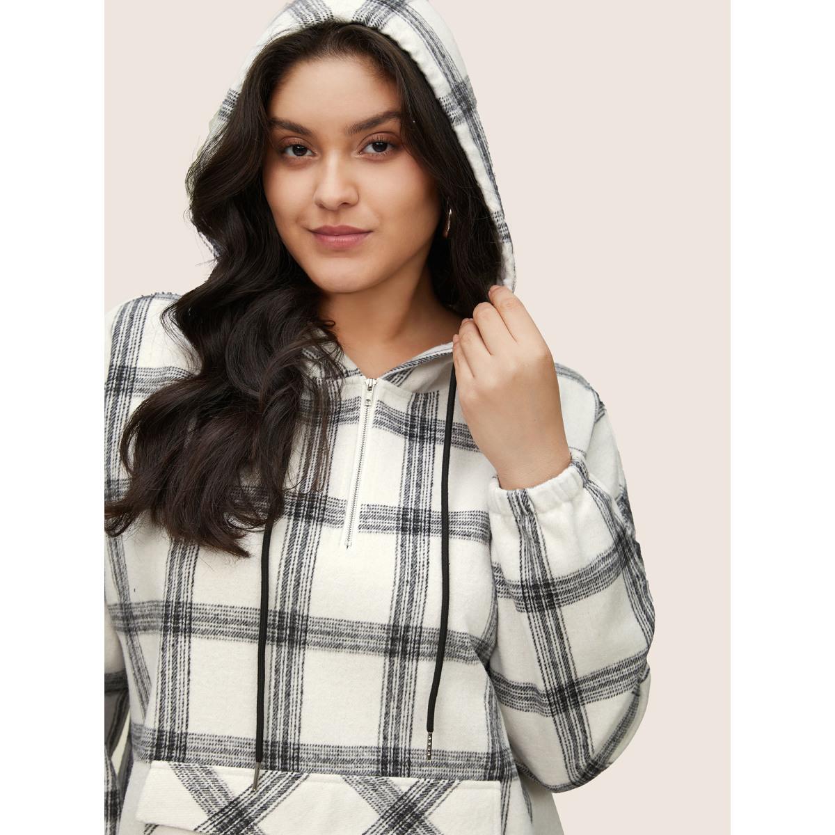 Plus Size Plaid Half Zip Pocket Hooded Sweatshirt Women White Casual Elastic cuffs Hooded Everyday Sweatshirts BloomChic 14-16/1X Product Image