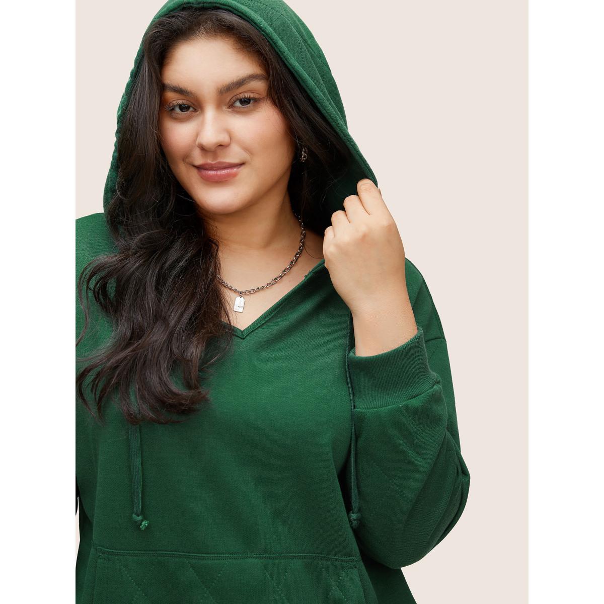 Plus Size Solid Quilted Kangaroo Pocket Hooded Sweatshirt Women Green Casual Non Hooded Everyday Sweatshirts BloomChic 10/M Product Image
